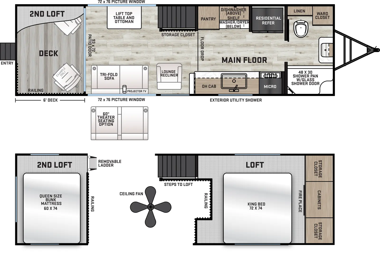 The 18RDL has zero slideouts and one entry. Exterior features a 6 foot deck. Interior layout front to back: Full bathroom with linen closet, wardrobe closet, and shower with glass shower door; off-door side residential refrigerator, dishwasher above shelf and washer/dryer, and pantry; door side microwave, cooktop, kitchen counter with sink, and overhead cabinet; off-door side storage closet and steps up to a rear loft area with king bed, cabinets, closets, and fireplace; door side lounge recliner, tri-fold sofa, opposing picture windows, projector TV, ceiling fan, and off-door side lift top table and ottoman; rear patio door that leads to deck with loft above with removeable ladder and queen bunk mattress.